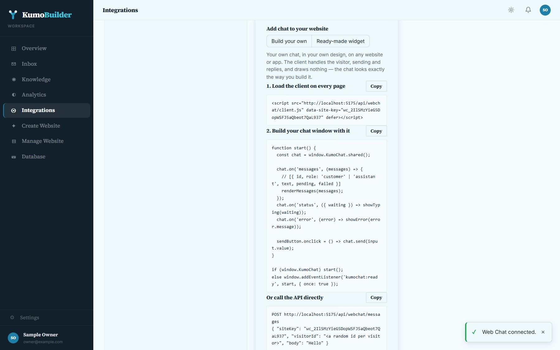 The web chat install code: client script, example and API