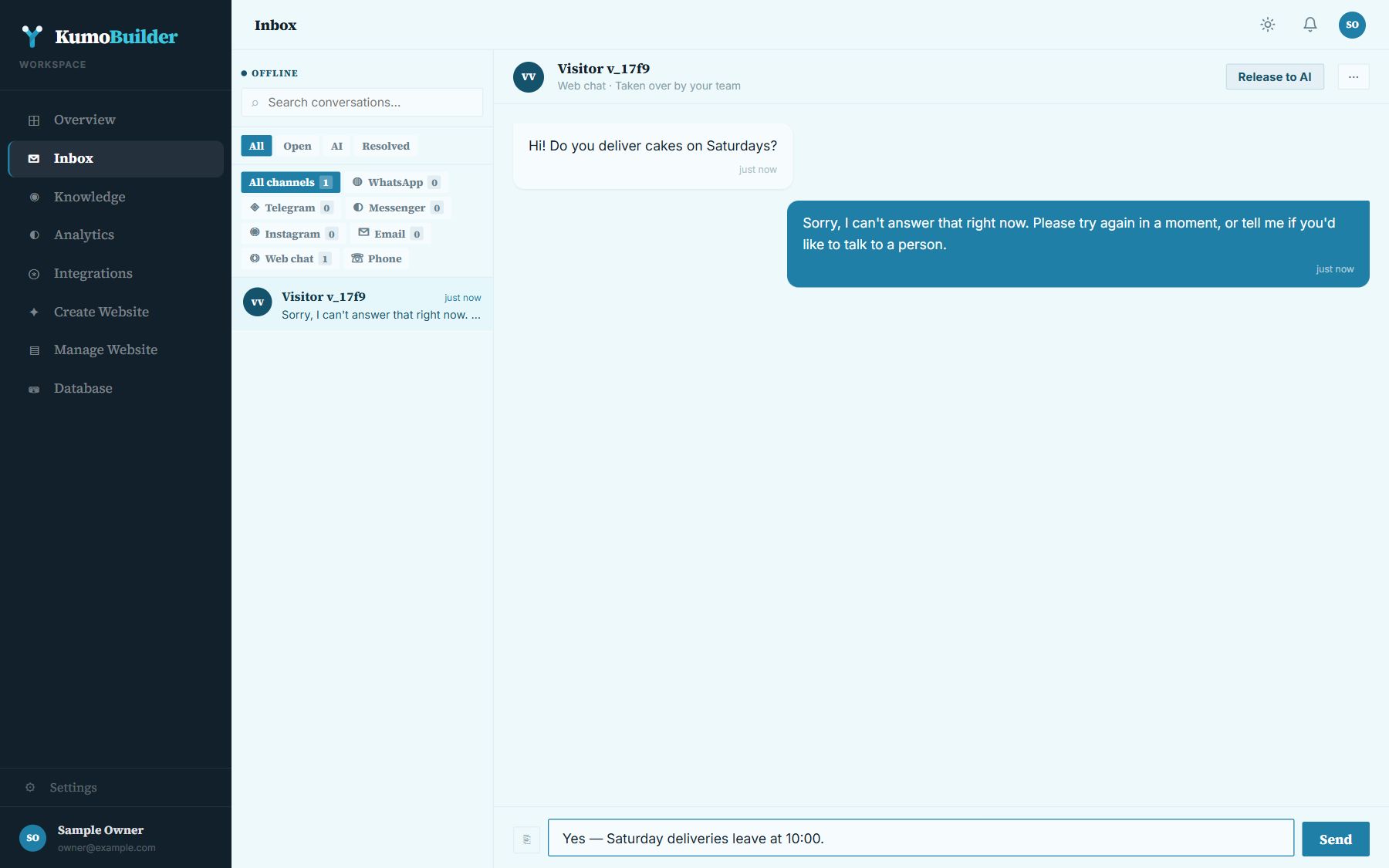 A conversation taken over by the team, with a reply being typed