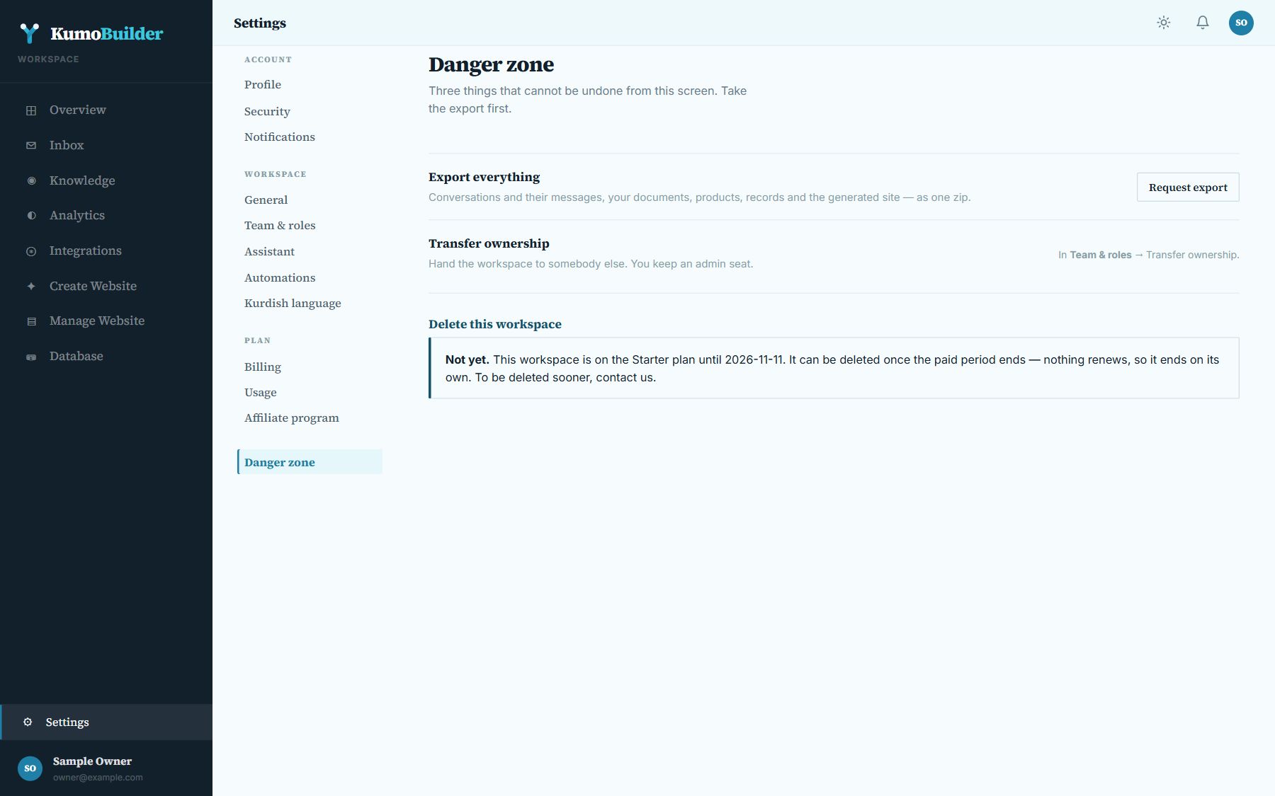 Settings, Danger zone: export, transfer ownership and delete