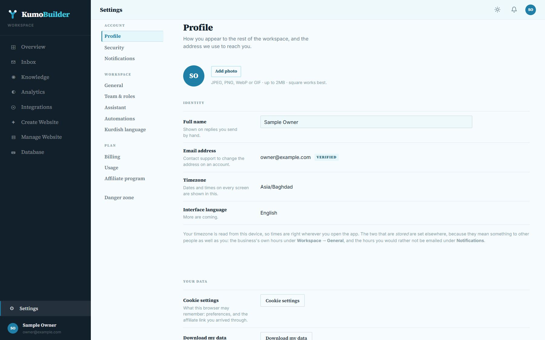 Settings, Profile: photo, name, email and timezone